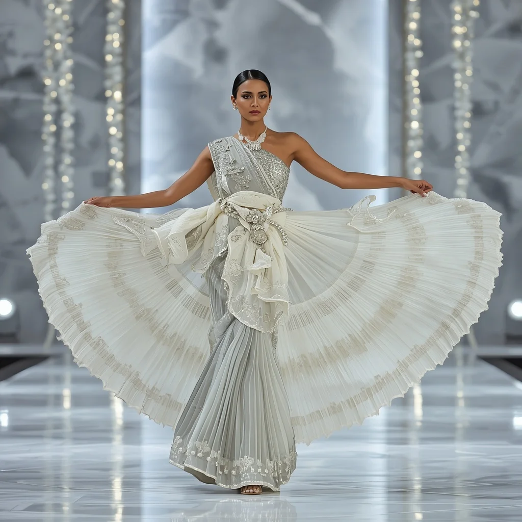 Luxury Swan Crystal Garden Saree with Floating White Plaza | New Instagram Trend Prompt For Girl Copy And Paste