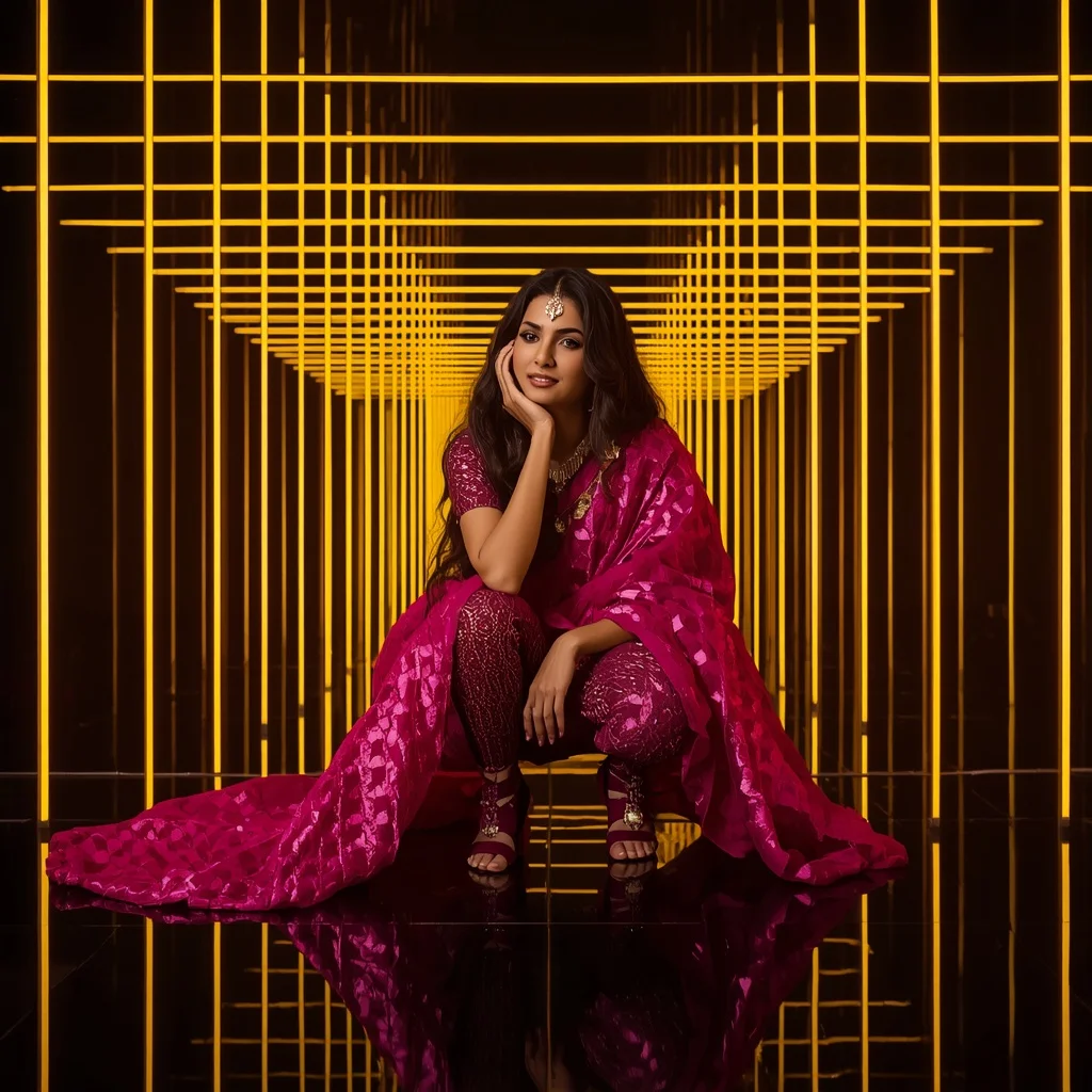 Magenta Geometric Weave Saree – High-Fashion Squat with Yellow LED Tunnel | Prompt Seen Girl Photo Editing Trending Instagram