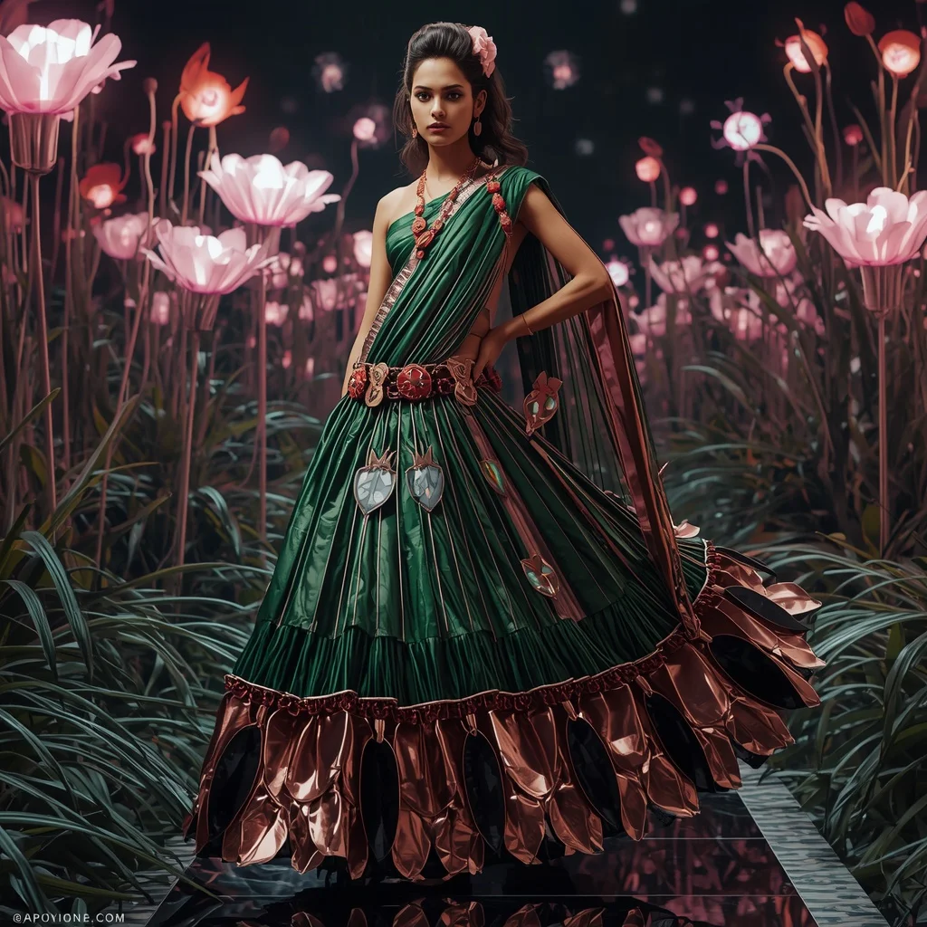 Magnetic Bloom Core Saree with Neon Botanical Reactor Field | Girl Photo Prompt Gemini