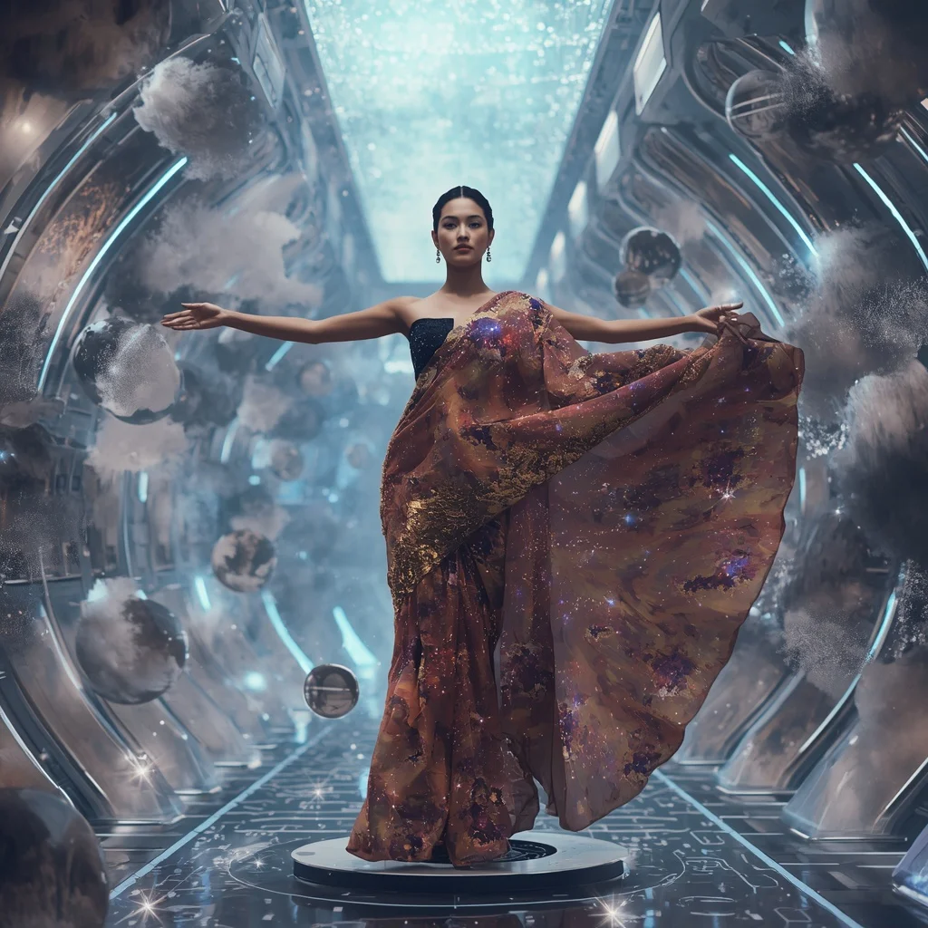 Magnetic Nebula Saree with Floating Metal Galaxy | Girl Photo Prompt Gemini