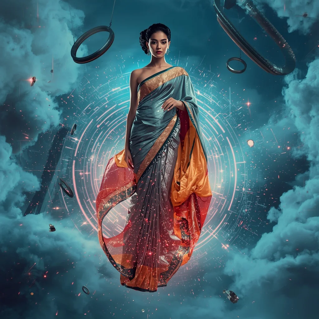 Magnetic Neon Silk Saree with Floating Metal Storm Field | 3d Animation Ai Prompt