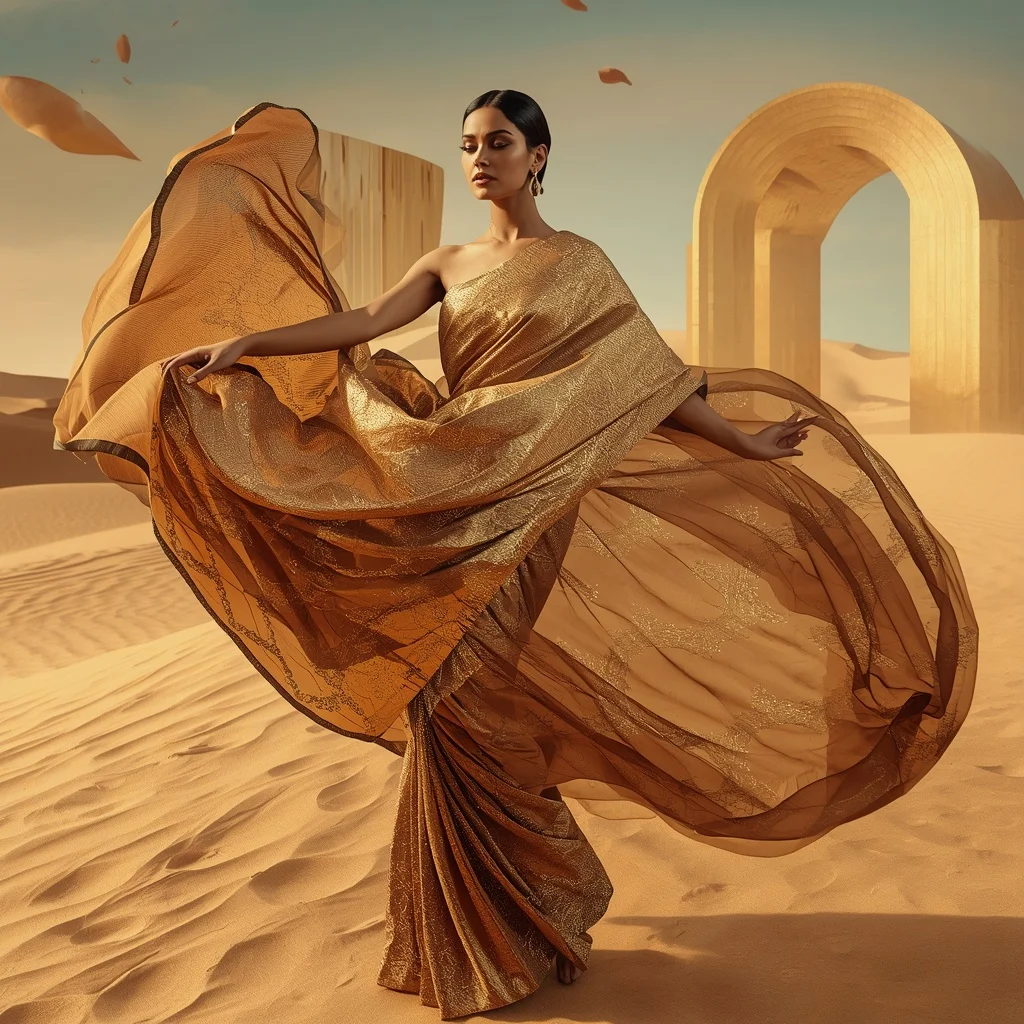 Magnetic Sandstorm Chrome Saree with Floating Desert Field | Best AI Art