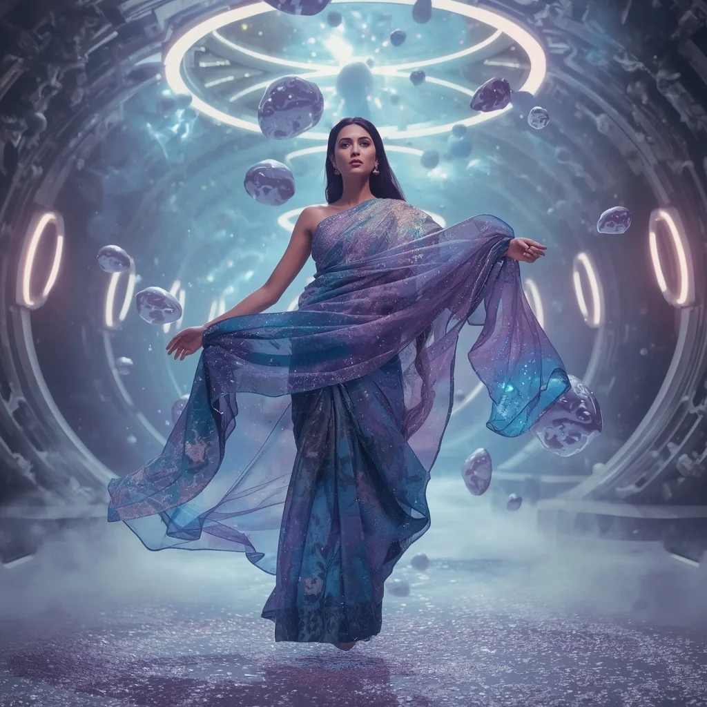 Magnetic Star Dust Nebula Saree with Floating Metal Galaxy Field | Best AI Art