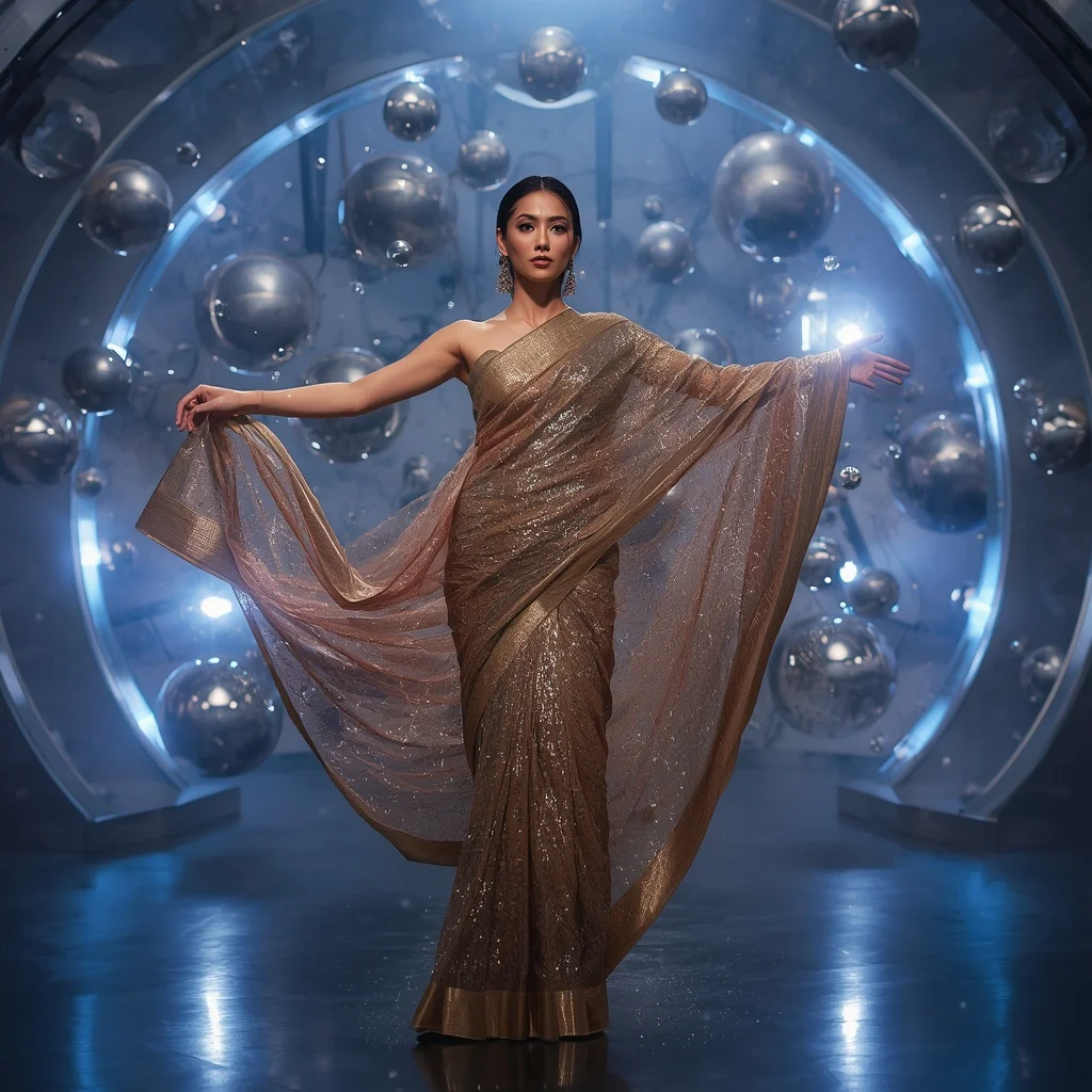 Magnetic Star Dust Saree with Floating Metal Nebula | Modern Design Ai Prompt