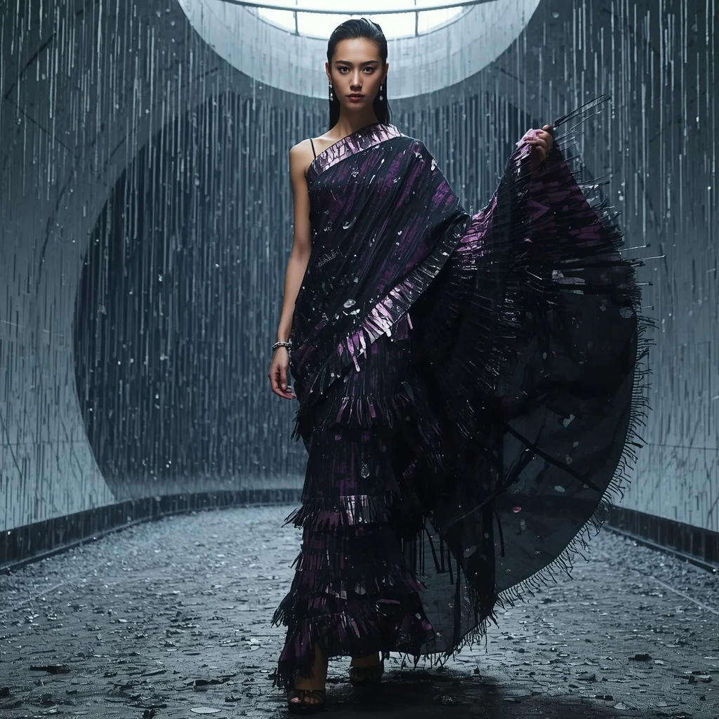Magnetic Storm Weave Saree with Floating Metal Rain Room | Influencer Ai Prompt