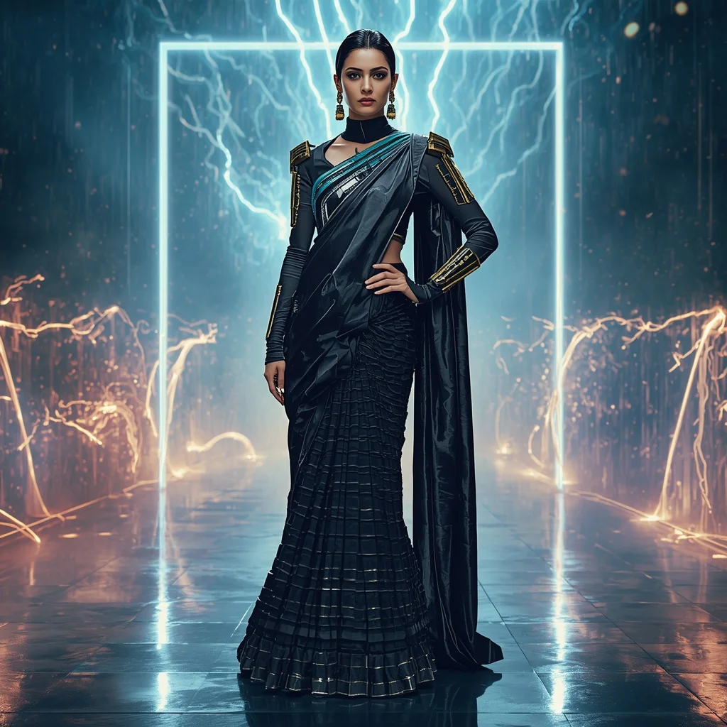 Magnetic Wave Armor Saree with Neon Energy Storm Field | Ai Gemini Prompt