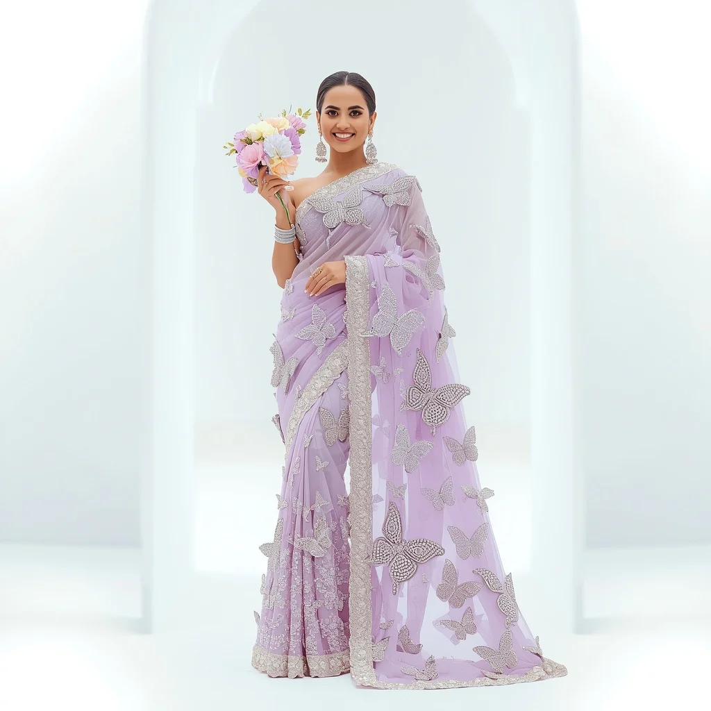 Massive 3D Butterfly Rhinestone Lavender Saree | Holding Fresh Flowers Pose | 3d Animation Ai Prompt