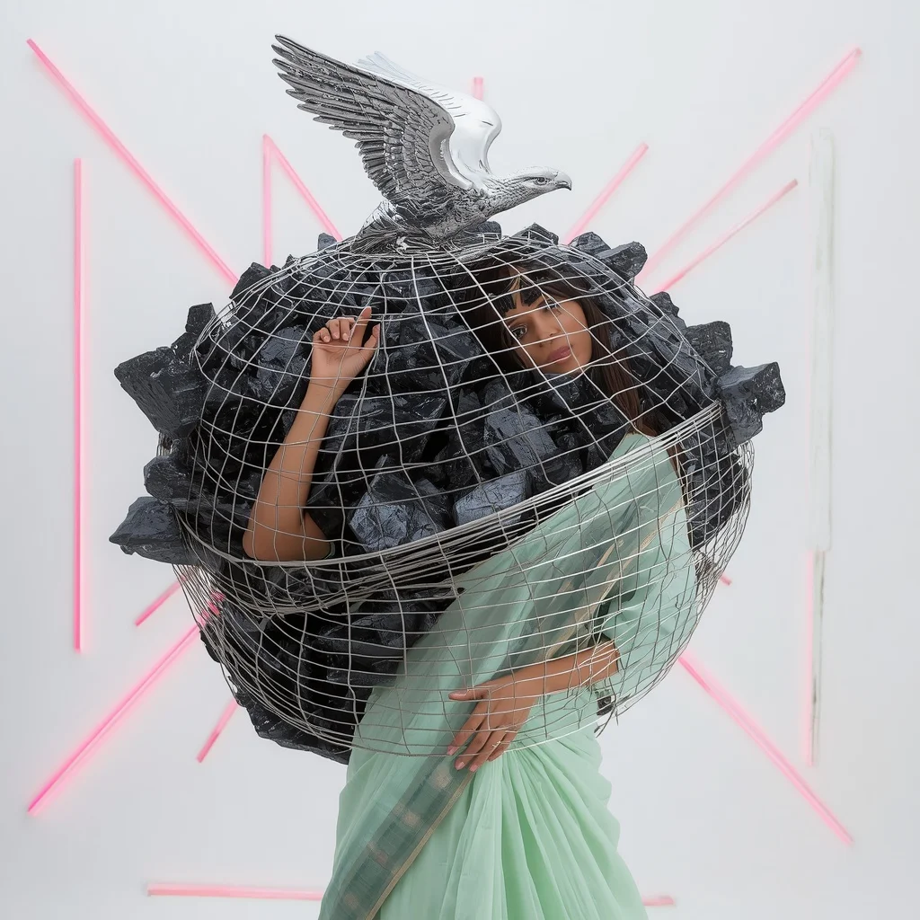 Massive 3D Chrome Falcon Sculpture & Stiff Platinum Wire Grid Pastel Seafoam Saree | Torso Twist Freeze Pose | Prompt For Gemini AI Girl Model