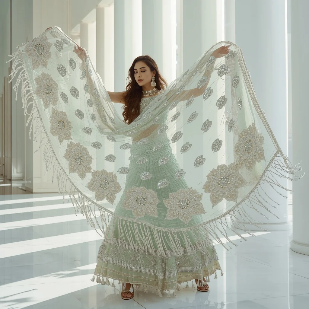 Massive 3D Crystal Lotus Applique Mint Saree | Over-the-Shoulder Toss Pose | Trending Prompt Girls Instagram