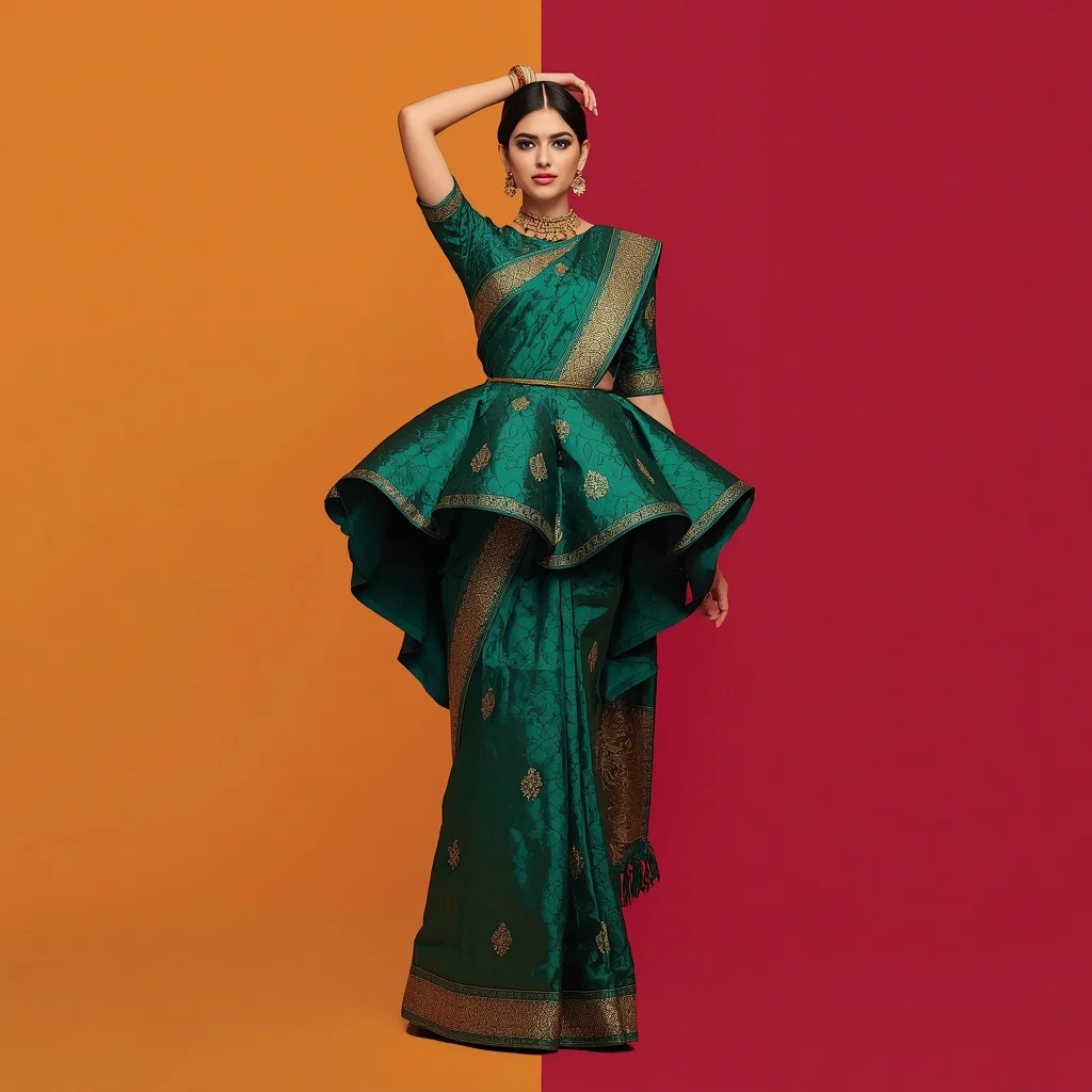 Massive Heavy 3D Architectural Peplum Brocade Saree Look | New Instagram Trend Prompt For Girl