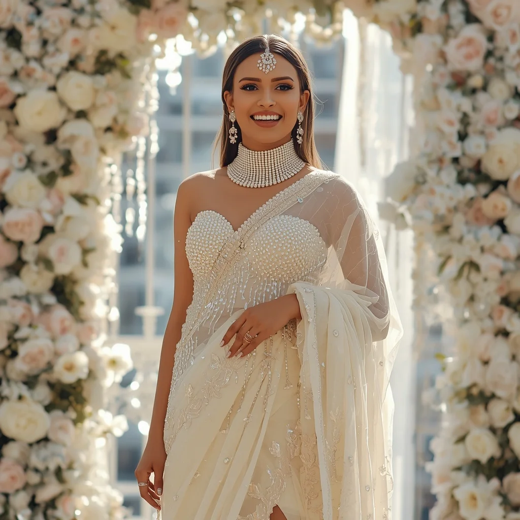 Massive Pearl Corset & Crystal Drape Cream Saree | Candid Laughing Pose | Ideogram Ai Prompt