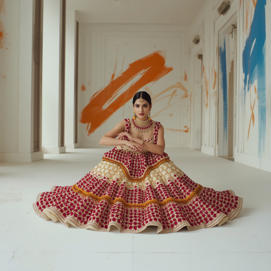 Massive Ruby Lattice & Heavy Gold Bullion Pastel Ivory Saree | High-Fashion Floor Crouch | Instagram Carousel Ai Prompt