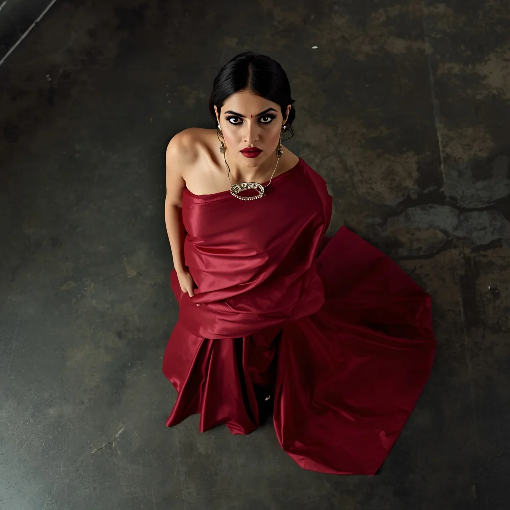 Matte Crimson Latex-Silk Saree – Dramatic Overhead Angle with Brutalist Concrete | New Instagram Trend Prompt For Girl Love
