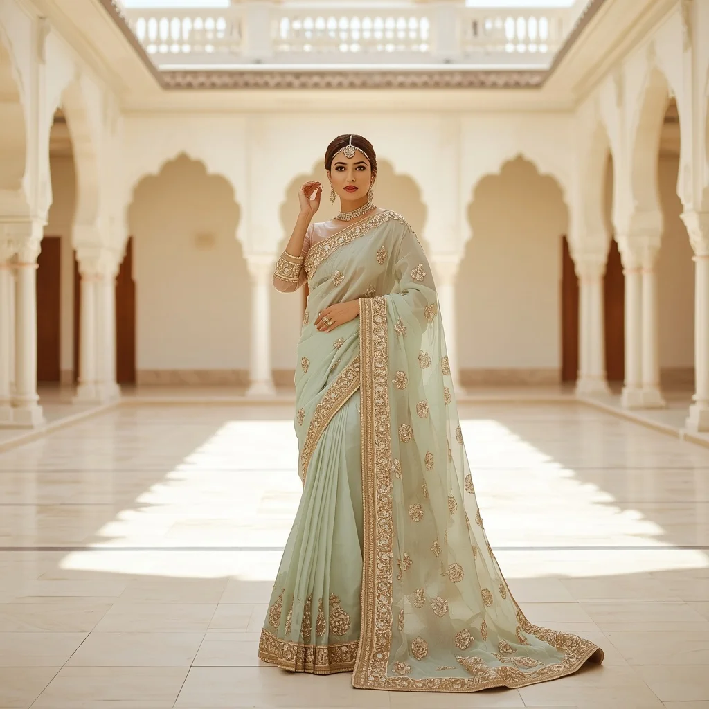 Maximalist Kundan & Zardozi Mint Bridal Saree | Candid Adjusting Maang Tikka Pose | Prompt For Girl Photo Editing