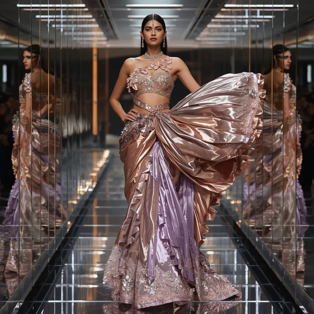 Metallic Blossom Ribbon Saree with Infinity Mirror Corridor | Prompt Seen Girls AI Photo Editing