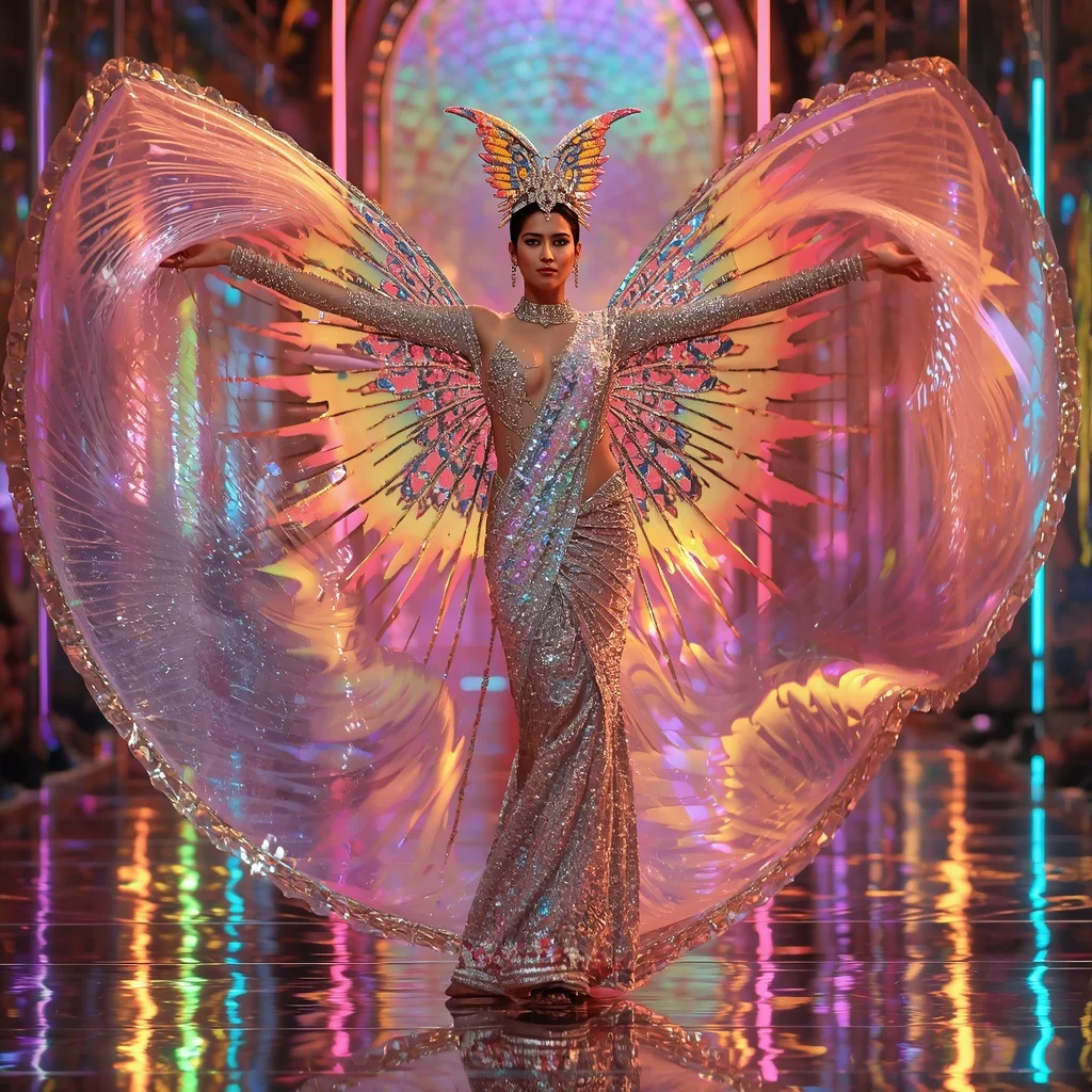 Metallic Butterfly Flame Crown Saree with Rainbow Reflection Cathedral | Midjourney Prompt List
