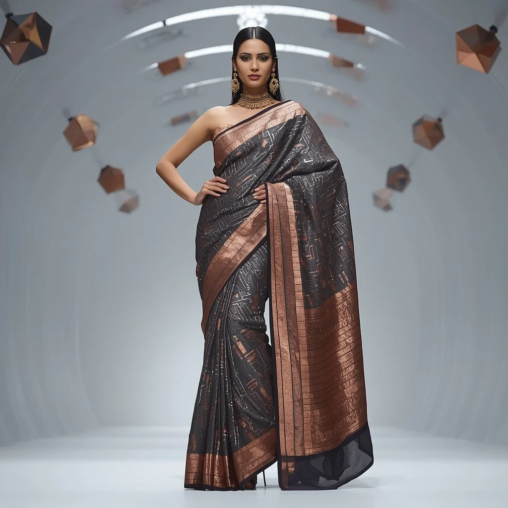 Metallic Charcoal and Copper Circuit Saree in Prism Hall | Midjourney Prompt List
