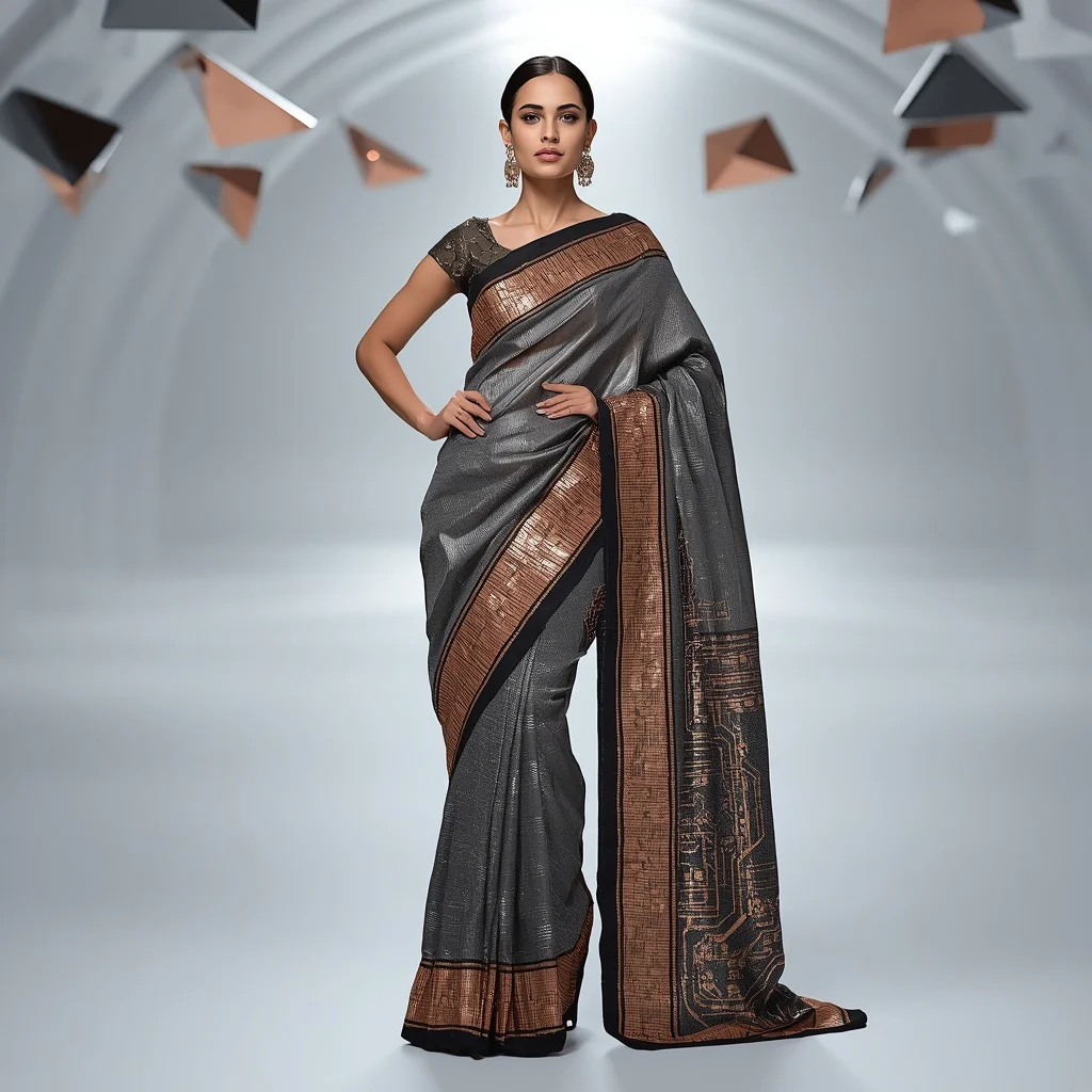 Metallic Charcoal and Copper Circuit Saree with Floating Prism Hall | Prompt Seen Gemini Girl Instagram