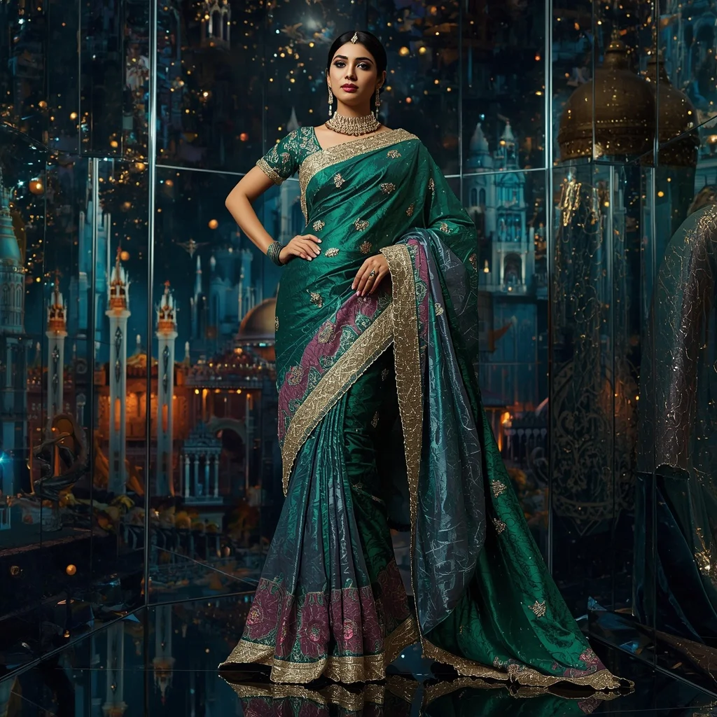 Metallic Cosmic Emerald Crown Kingdom Saree with Galaxy Diamond Empire | Gemini Ai Prompt