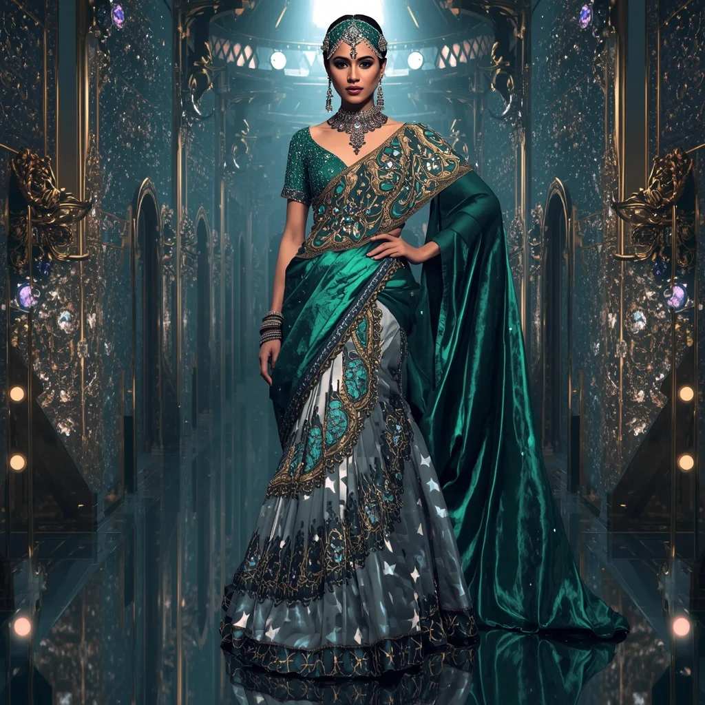 Metallic Cosmic Emerald Crown Palace Saree with Galaxy Diamond Empire | Gemini Photo Editing Prompt