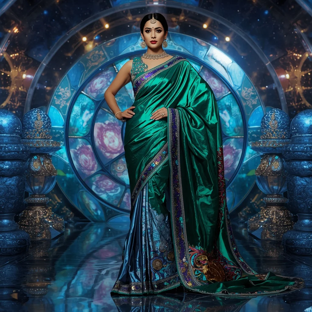 Metallic Cosmic Emerald Observatory Saree with Galaxy Diamond Kingdom | Prompt For Gemini AI Girl Model