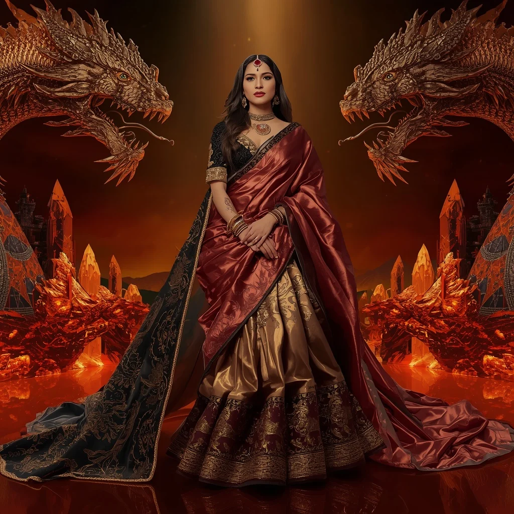 Metallic Dragon Crystal Planet Saree with Inferno Cosmic Kingdom | ChatGPT Photo Editing Prompts Trending Instagram For Girl