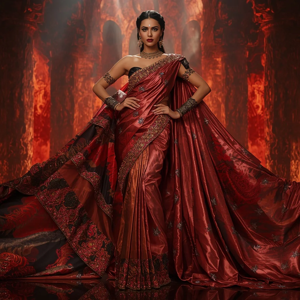 Metallic Dragon Crystal Tornado Saree with Inferno Storm Kingdom | Indian Girl Ai Prompt