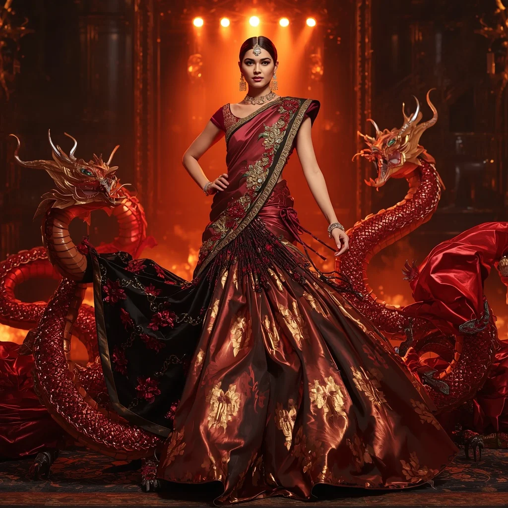 Metallic Dragon Infinity Fortress Saree with Inferno Crown Palace | ChatGPT Photo Editing Prompts For Girl
