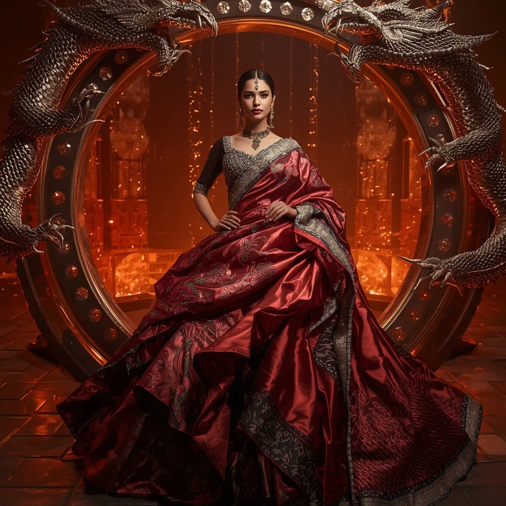 Metallic Dragon Infinity Ring Saree with Inferno Palace Fortress | Style Ai Prompt