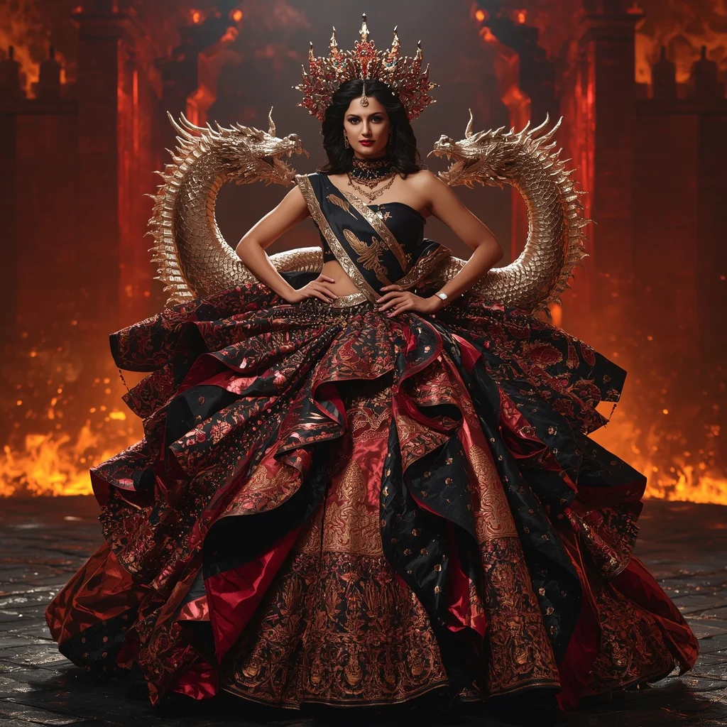 Metallic Dragon Spiral Crown Saree with Inferno Fortress Kingdom | 3d Animation Ai Prompt