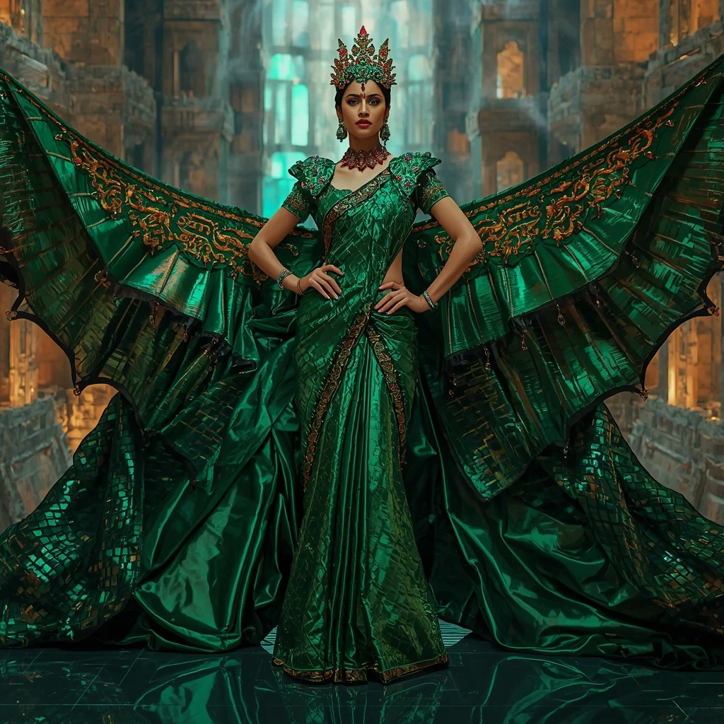 Metallic Emerald Dragon Crown Kingdom Saree with Jewel Fortress Citadel | Modern Design Ai Prompt