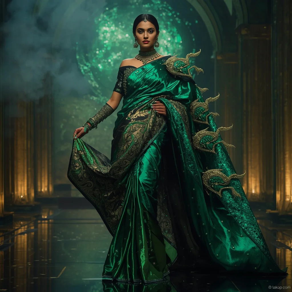 Metallic Emerald Dragon Nebula Saree with Jewel Fortress Empire | Art Ai Prompt