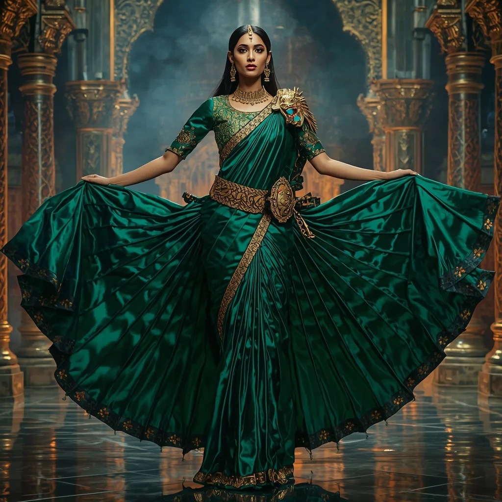 Metallic Emerald Dragon Observatory Palace Saree with Jewel Empire Fortress | Woman Pose Ai Prompt