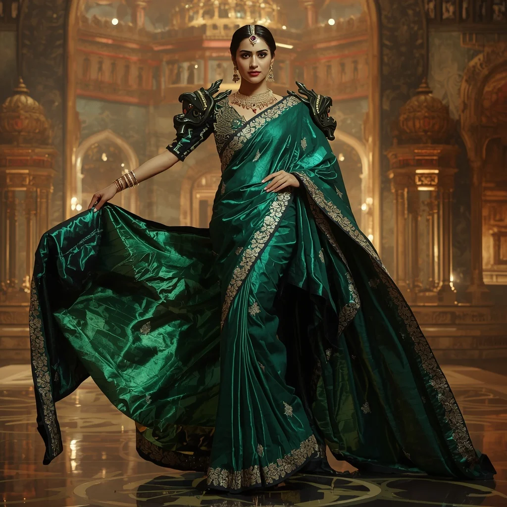 Metallic Emerald Dragon Observatory Saree with Jewel Fortress Palace | Ai Portrait Prompt