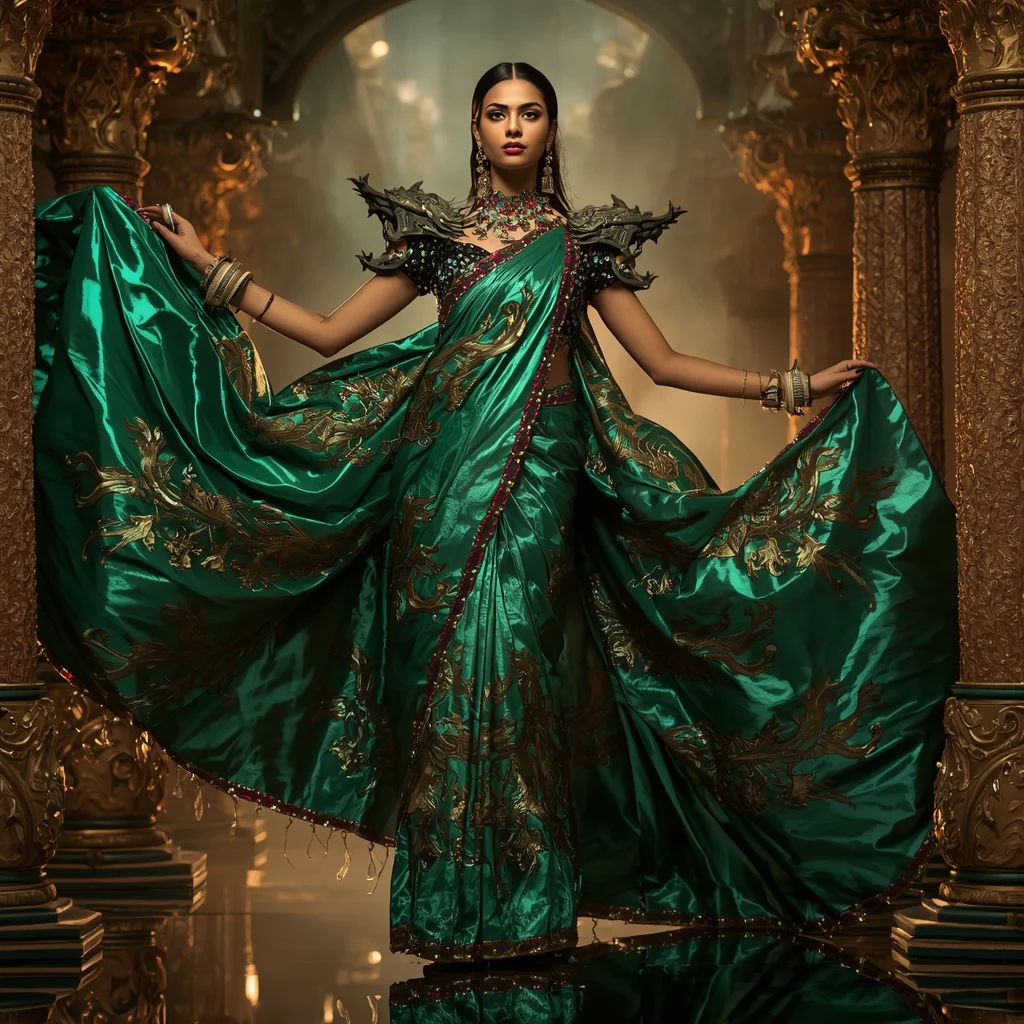 Metallic Emerald Dragon Temple Saree with Jewel Fortress Empire | Prompt Seen Girl Photo Editing ChatGPT
