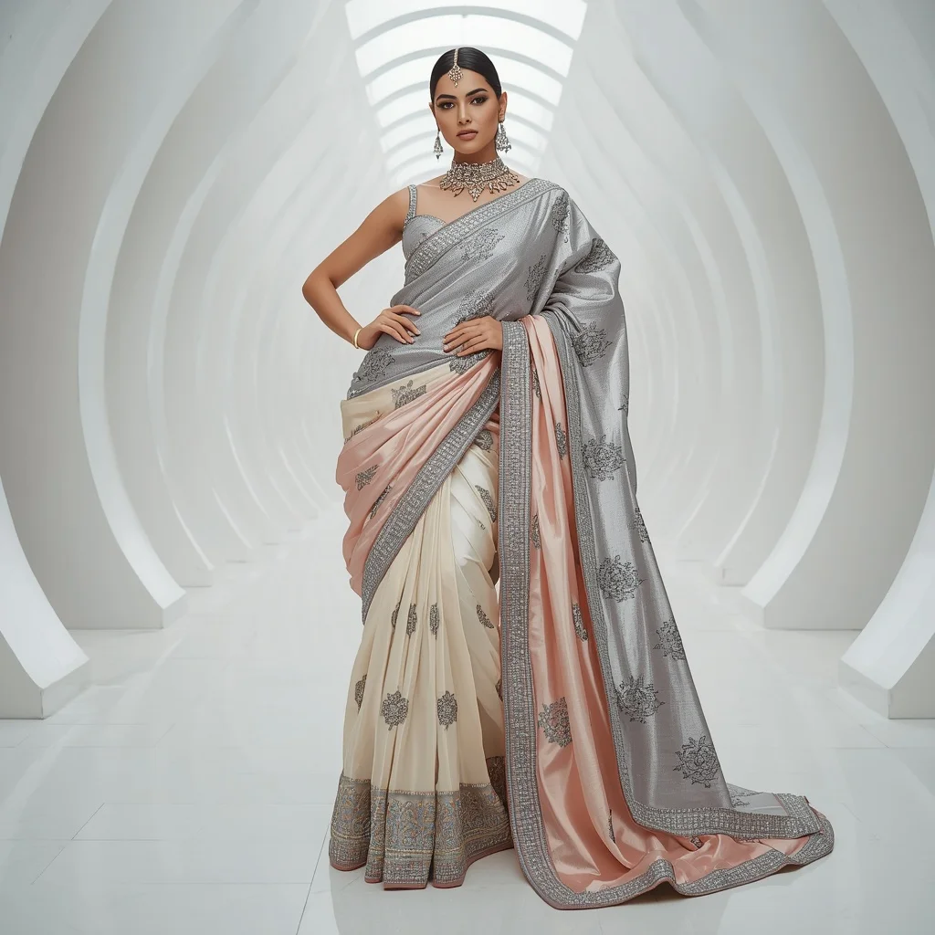 Metallic Floral Throne Saree with Modern White Atrium | Image Prompt