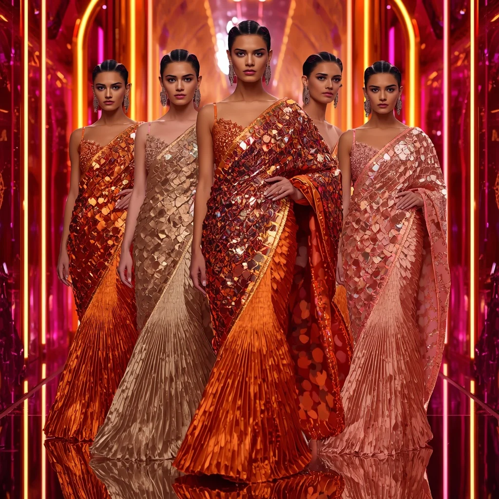 Metallic Lava Hyperverse Saree with Multi Runway Frames and Infinity Neon Eternal Hyperrealm | Gemini Ai Photo