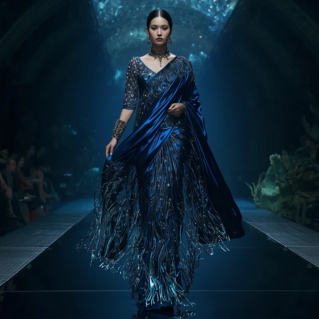 Metallic Ocean Abyss Saree with Deep Sea Gravity Flow | Pre Wedding Ai Prompt