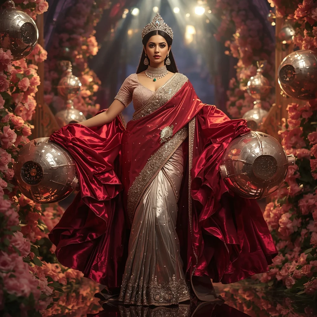Metallic Rose Crown Observatory Saree with Floral Royal Empire | 3d Animation Ai Prompt