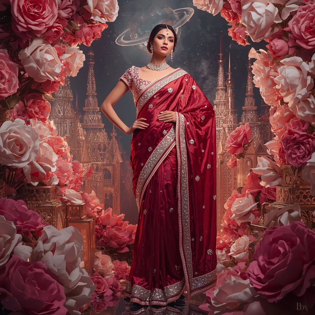 Metallic Rose Diamond Temple Saree with Floral Royal Universe | New Instagram Trend Prompt For Girl Aesthetic