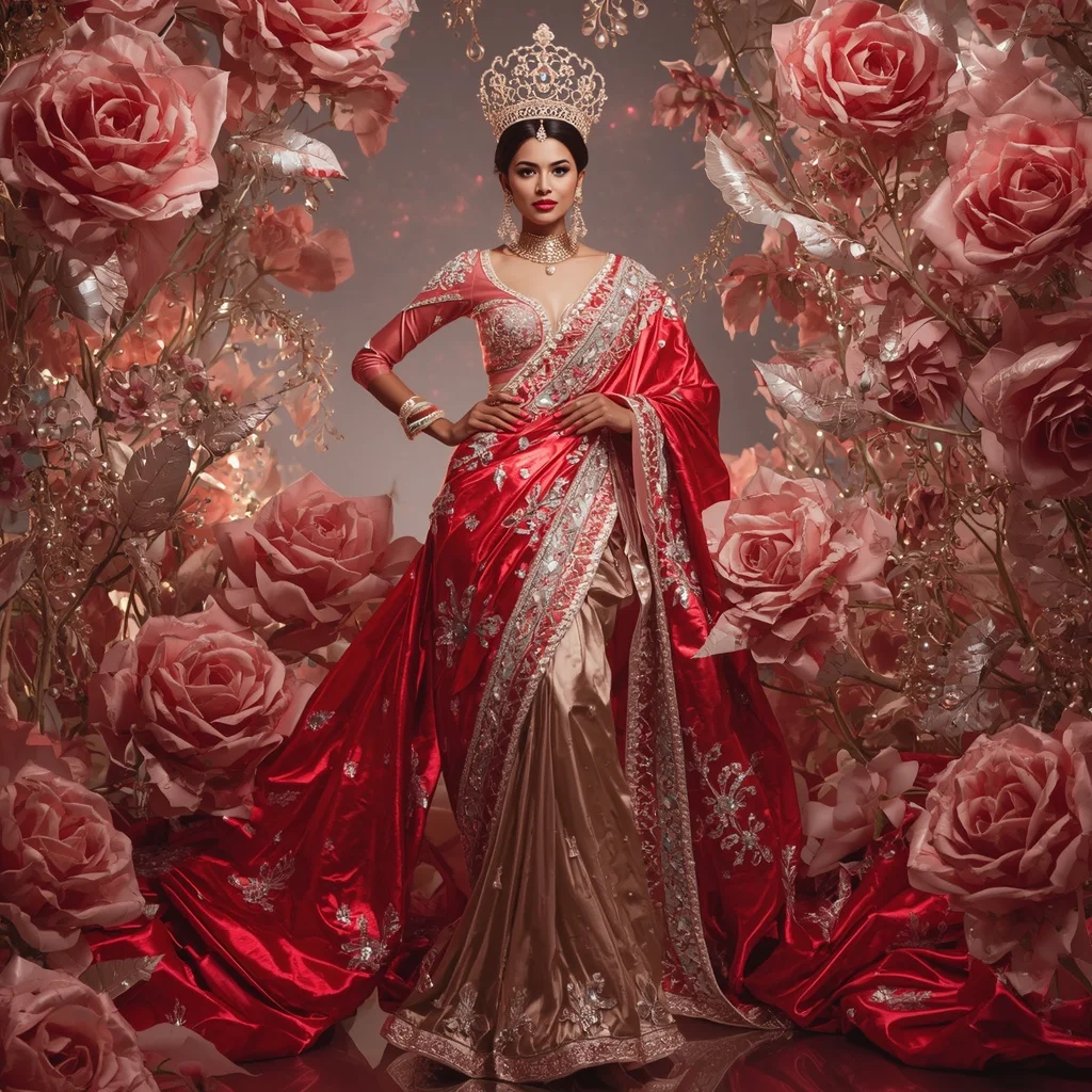 Metallic Rose Galaxy Crown Saree with Floral Royal Universe | Best Prompt For Traditional Look For Girl Chatgpt