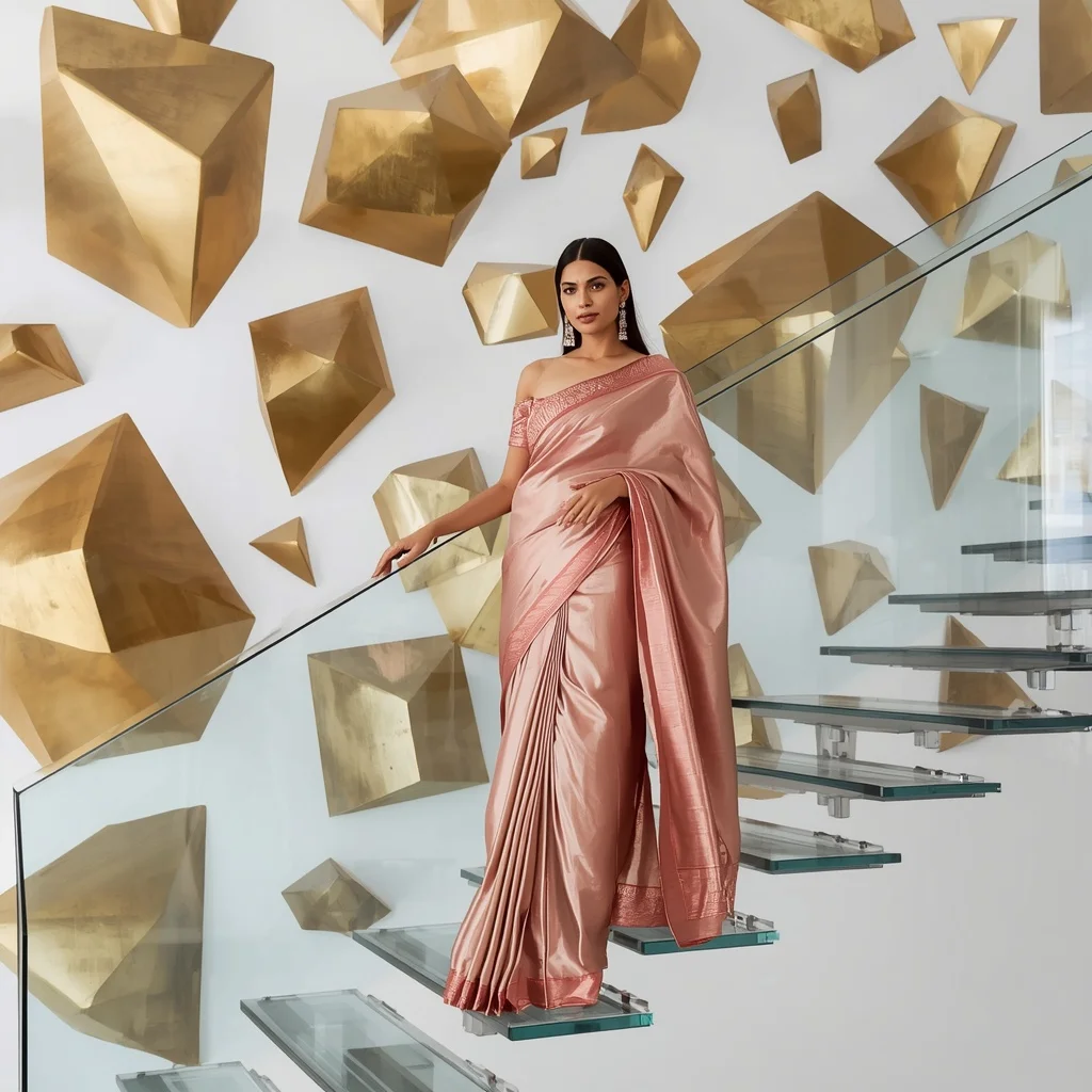 Metallic Rose Gold Silk – Floating Staircase Descent with Floating Brass Prisms | Flux Ai Prompt
