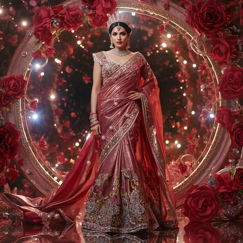 Metallic Rose Infinity Crown Saree with Floral Royal Universe | Indian Girl Ai Prompt
