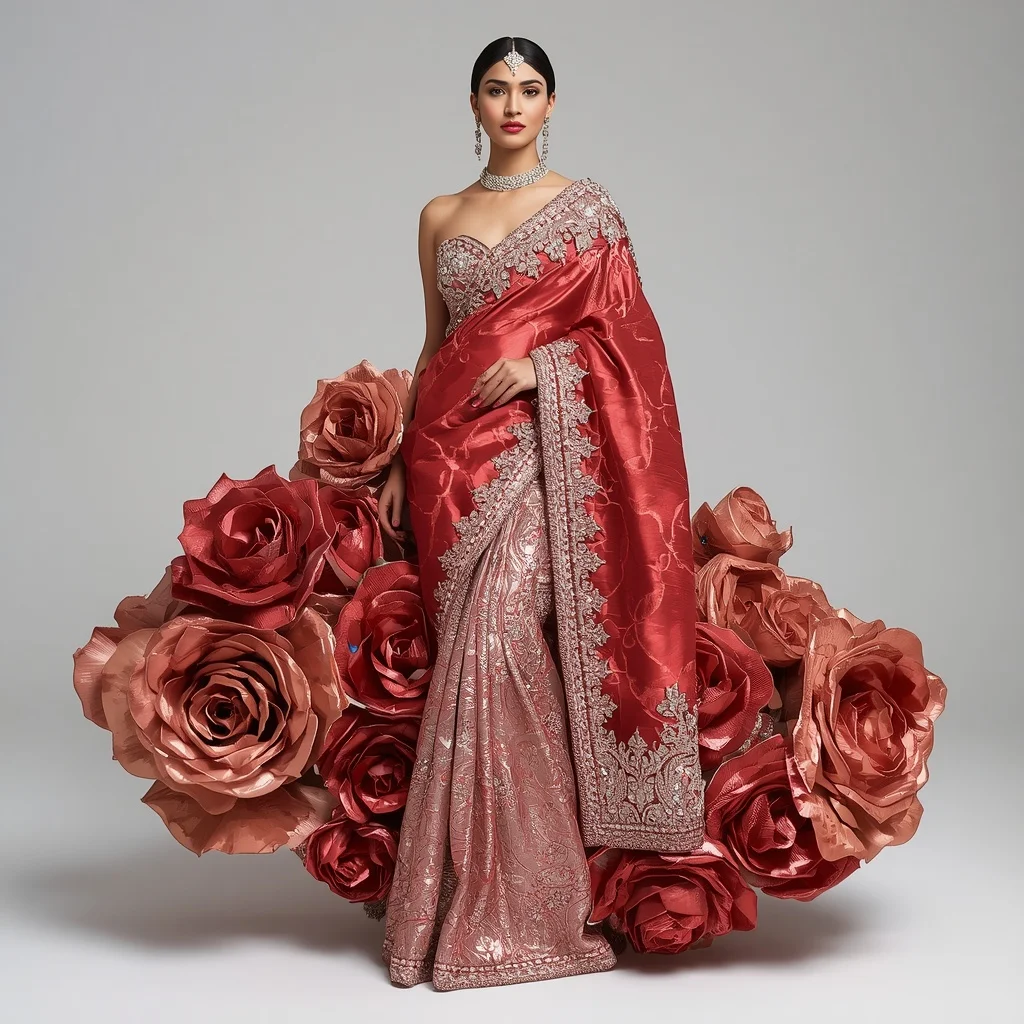 Metallic Rose Spiral Palace Saree with Floral Royal Citadel | Chatgpt Photo Editing Styles For Girl