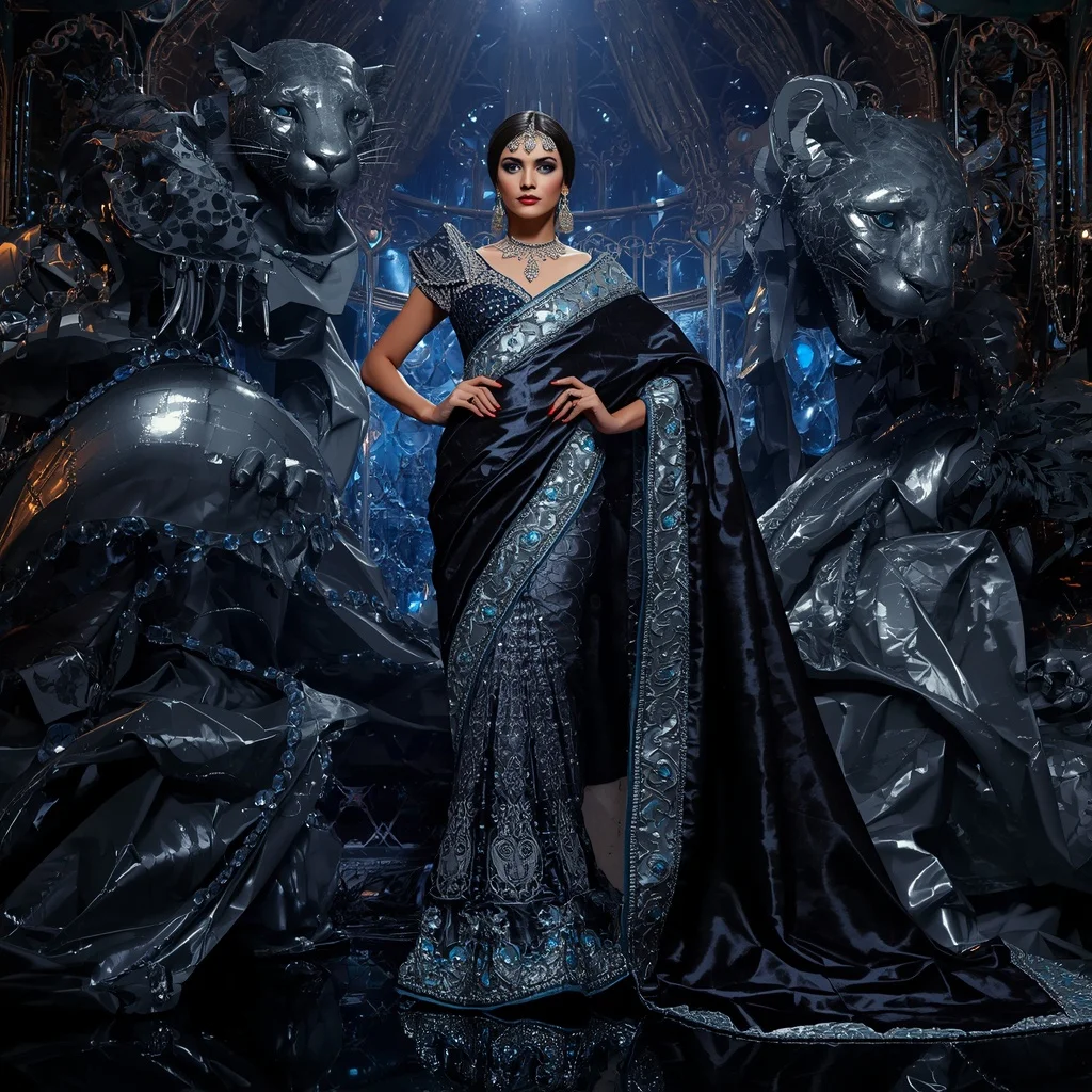 Metallic Royal Panther Empress Saree with Midnight Diamond Empire | Desi Girl Ai Prompt