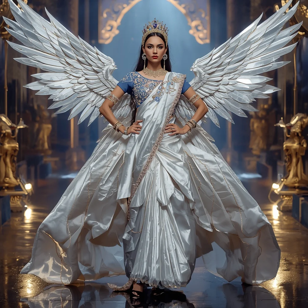 Metallic Royal Pegasus Crown Saree with Celestial Sky Empire | Ai Girl Image Prompt