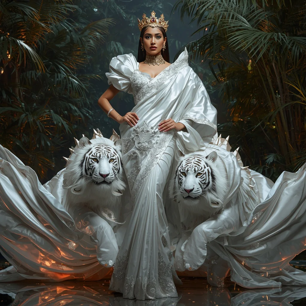 Metallic Royal White Tiger Crown Saree with Imperial Jungle Kingdom | New Instagram Trend Prompt For Girl And Boy
