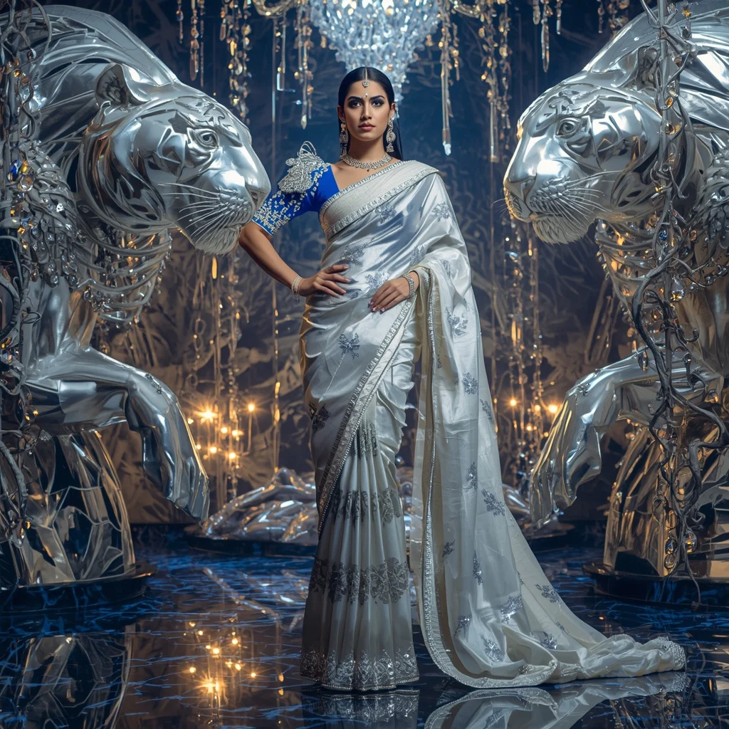 Metallic Royal White Tiger Saree with Diamond Jungle Kingdom | Trending Prompt Girls
