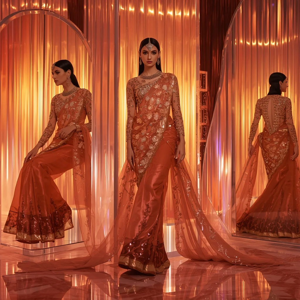 Metallic Sunset Divine Saree with Multi Editorial Frames and Neon Crystal Empire | Youtube Thumbnail Ai Prompt