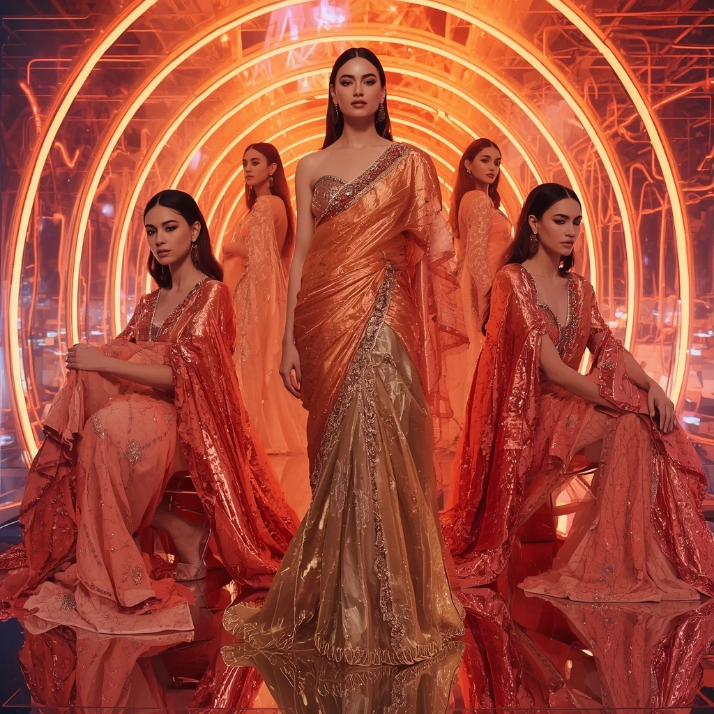 Metallic Sunset Omnipotent Saree with Multi Editorial Frames and Neon Crystal Eternity Multiverse | Realistic Ai Prompt